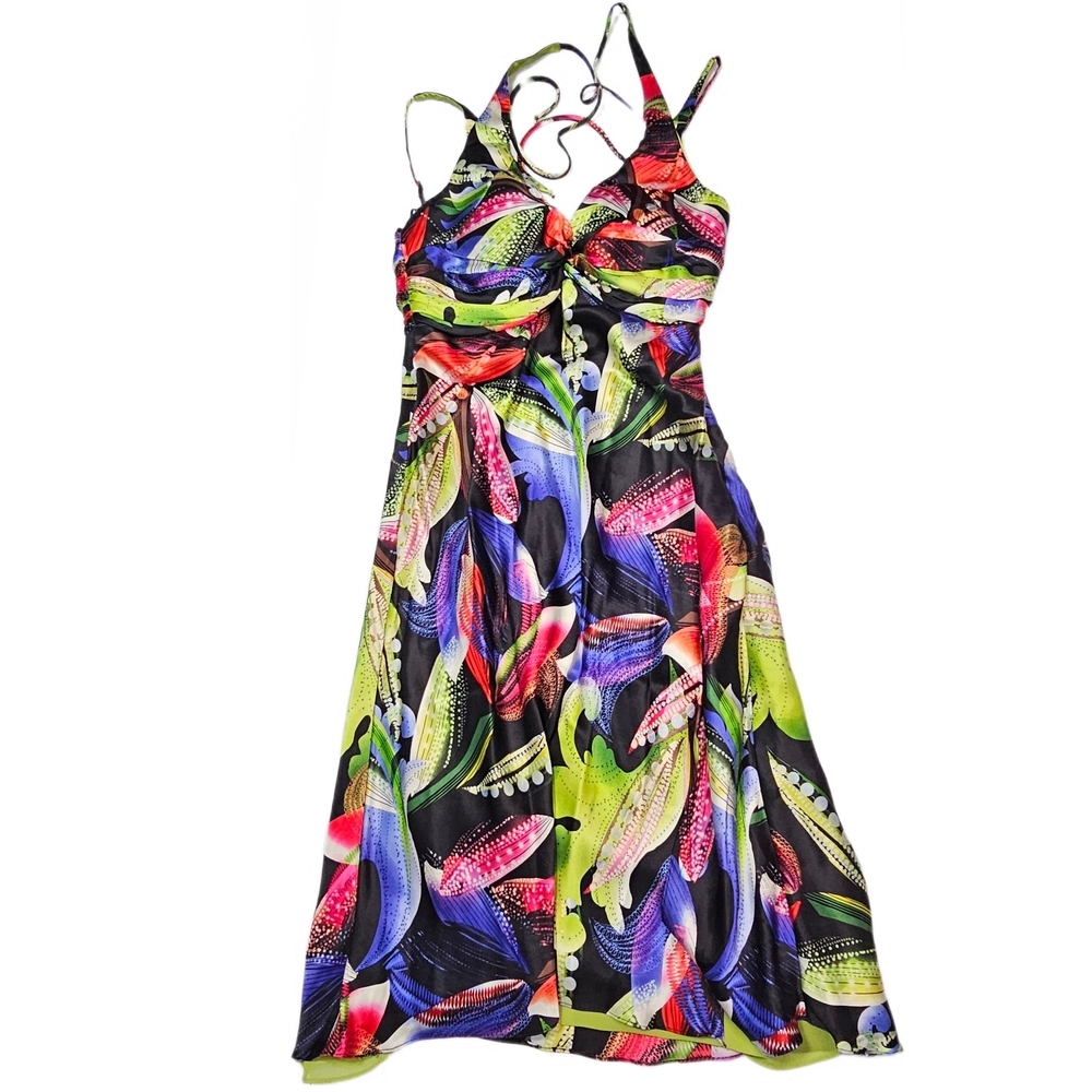 Y2K Cache Vintage 100% Silk Party Bright Colorful Floral Halter Midi Dress - Picture 9 of 15